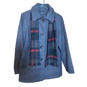 London Fog Women's Wool‎ Blend Coat L Grey Button Front W/ Plaid Scarf Jacket
